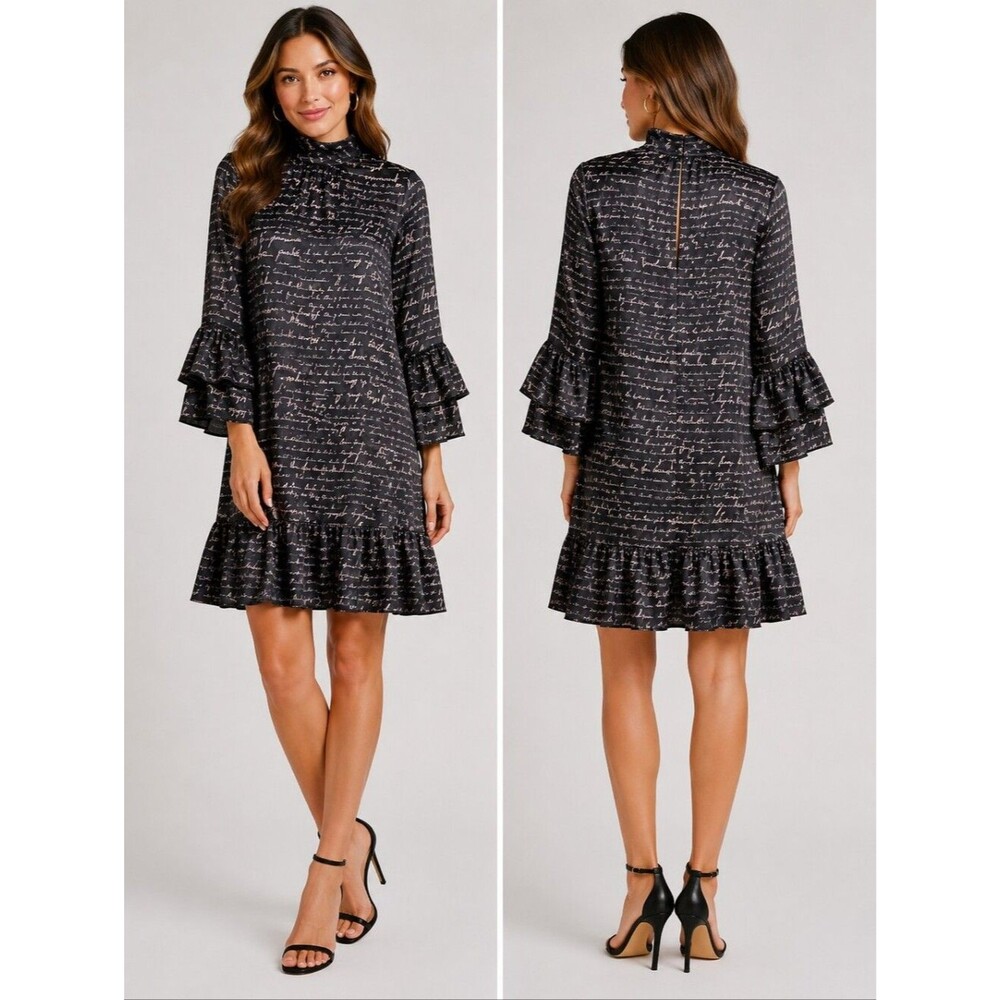 Cinq à Sept Love Note Script Print Ruffle Mock Neck Mini Dress Black Pink